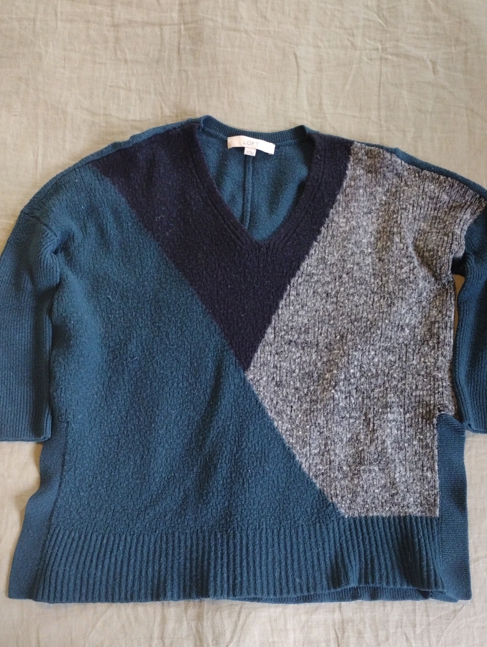 LOFT Teal, Navy & Gray Colorblock V-Neck Sweater